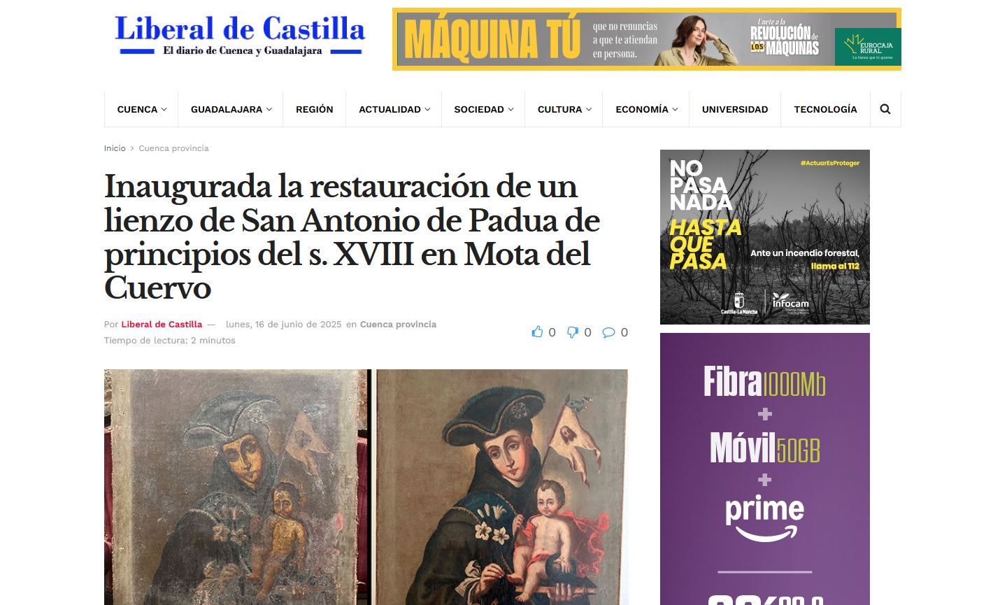 Inauguración de la restauración de un lienzo de San Antonio de Padua de principios del s. XVIII en Mota del Cuervo