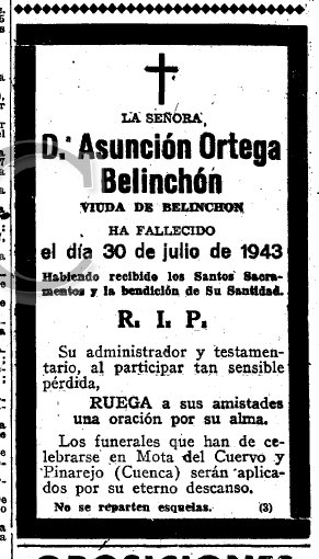 Esquela de Dª Asunción Ortega Belinchón, acaecida 16 años después (ABC)